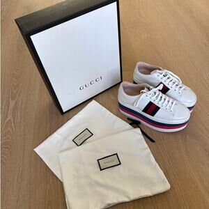 Gucci Web Striped Peggy Platform Sneakers Size 36.5 in White Red Blue